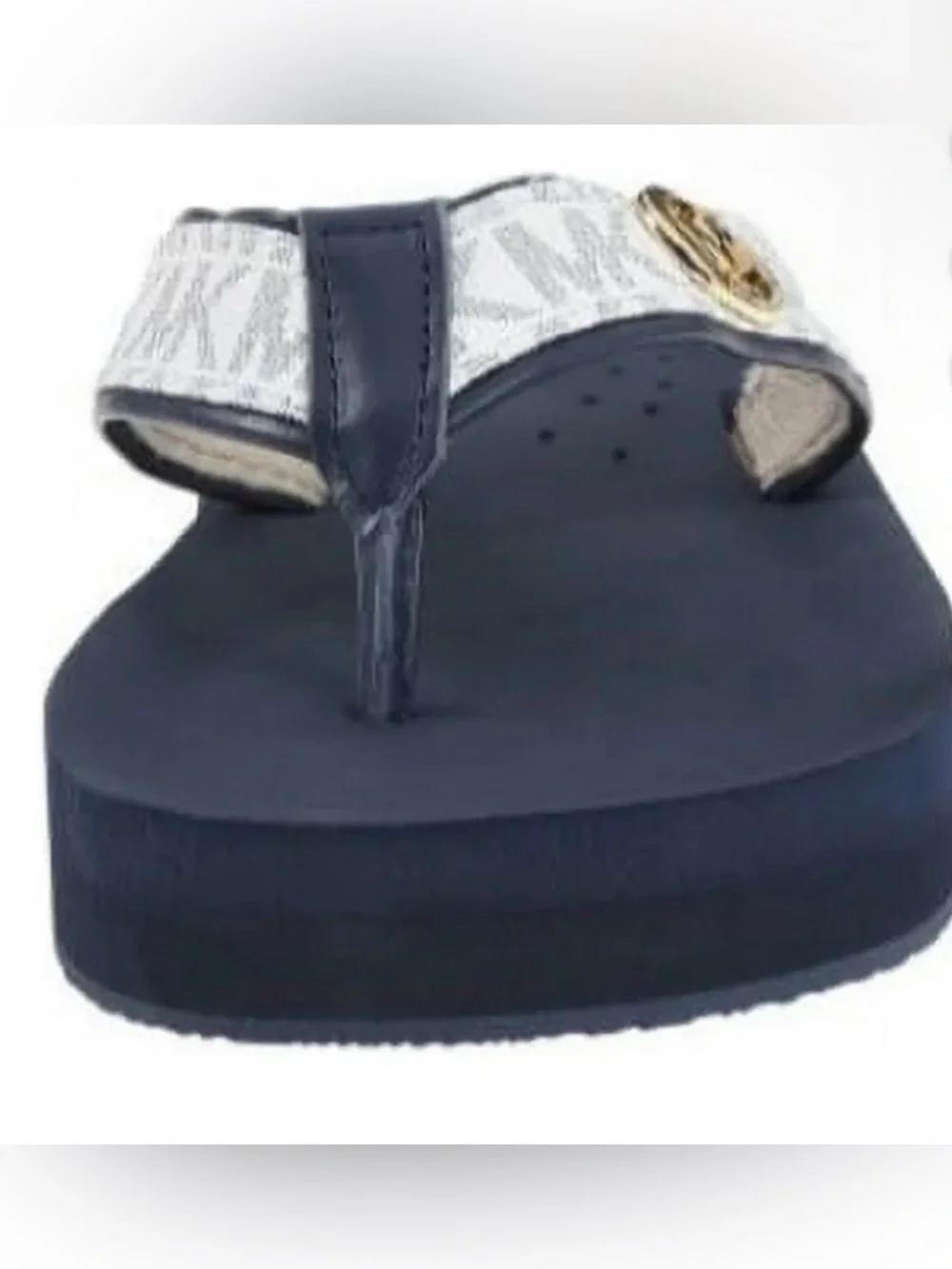 Michael Kors Navy and White Logo Thong Sandals with Gold Accent